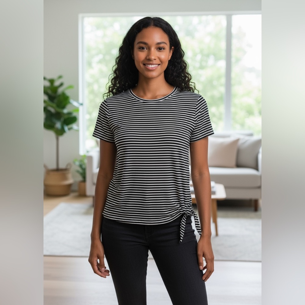 Olivia Rae- LARGE- Striped Black and White Women's Top- Side Tie Rayon Spandex